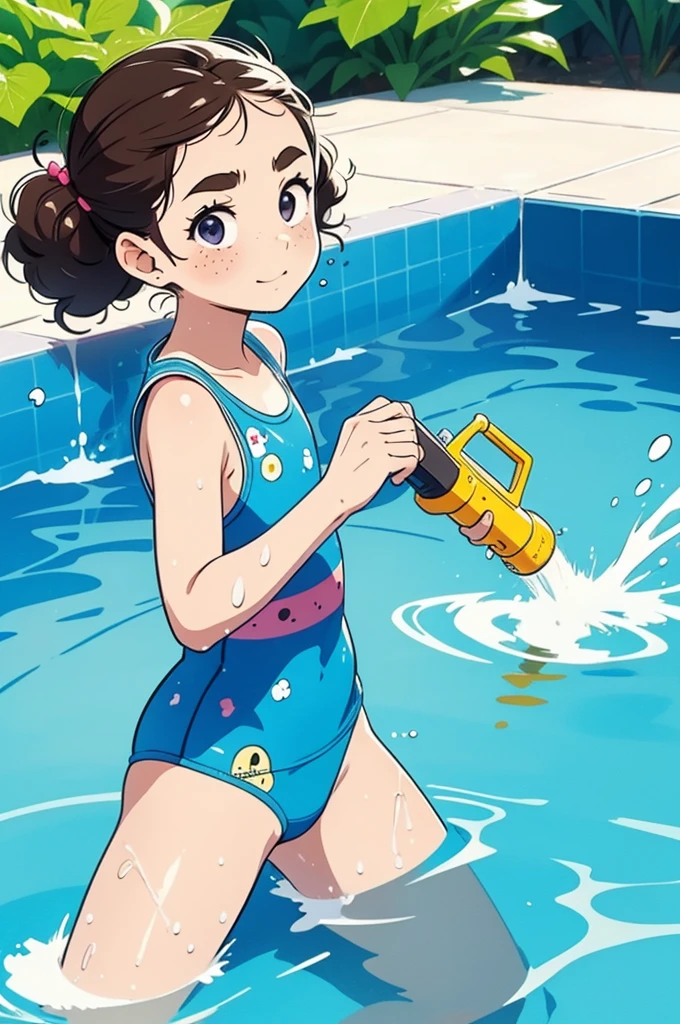 masterpiece,Highest quality,Cute doodles,Hilarious, Honor student, ,Low length,Curly Hair, Twin tail hair,Vibrant, inquisitive eyes,freckles,Thick eyebrows,Open Fly,Swim in a simple pool in your garden,Jojo Fashion,Water gun,Wet body,たくさんのsplash,Water Drop,enjoy playing in the water,splash,