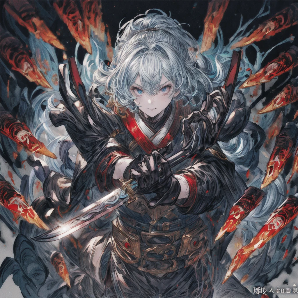 One girl、Dynamic configuration、[17277fbe68],threatened hideo、high quality、Maximum details、(((最high quality、最高masterpiece、Official Art、最高のDynamic configuration)))、(Thin Hair)、(Tabletop, 最high quality), Very detailed, Anime Style, Concept Art、whole body, (masterpiece), 最high quality, Fantasy art,whole body、masterpiece、最high quality、(colorful)、（Beautifully detailed eyes and face）、Cinema Lighting、Extremely detailed CG、Super huge、whole body、wallpaper、Uniforms with weapons in Wonderland, (((Everybody wears black and red ))), sheath, knife, 美しい彫刻がほどこされた日本knife, knife, 黒いknife,weapons,Barren Land、White Background、inflammation、inflammationにつつまれたknife、inflammationと氷を操る少女、