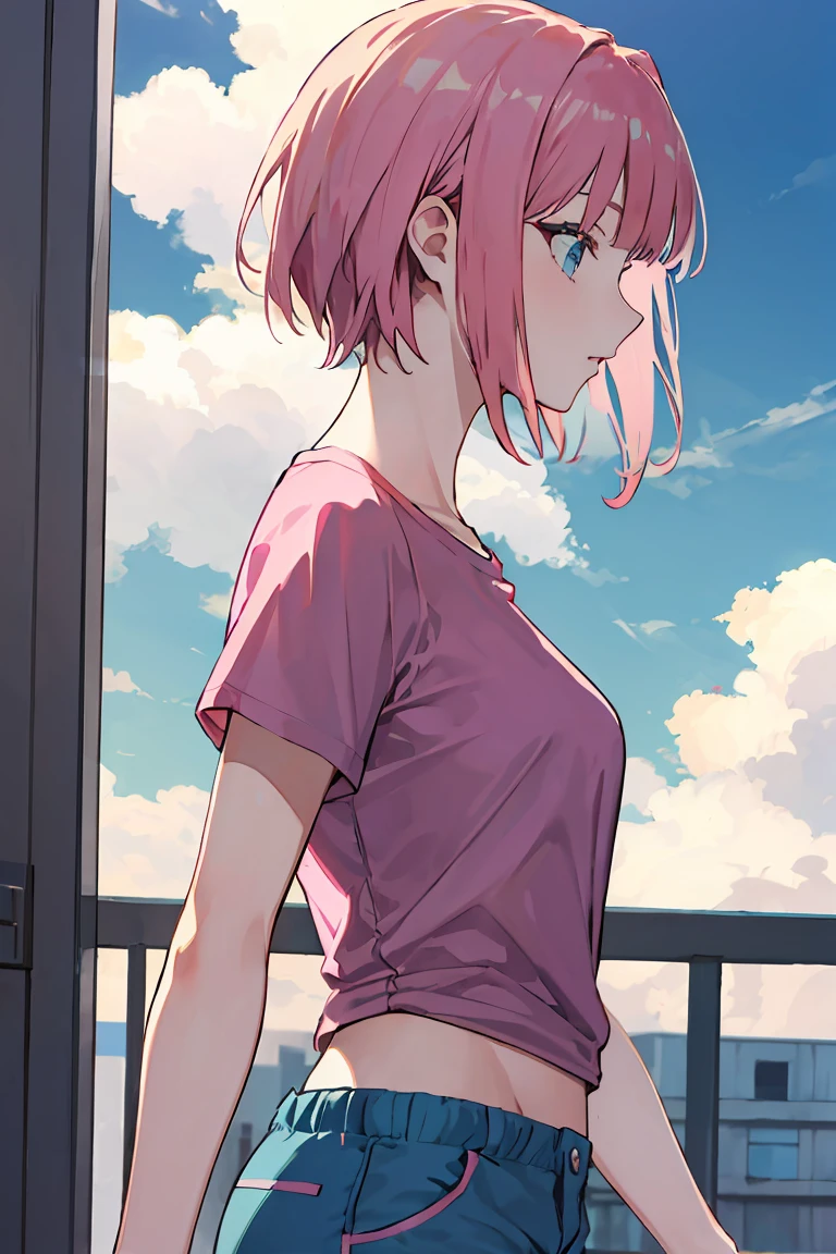 Nino Nakano, pink hair,
BREAK ((pink tshirt), (blue shorts):1.2),
BREAK from side, looking up, sky, clouds, profile,
BREAK ((top quality, 8k, masterpiece: 1.3, ultra hd, high quality, best quality, high definition, realism)), sharp focus: 1.5, Beautiful woman with Slim body, (perfect hands, perfect anatomy),