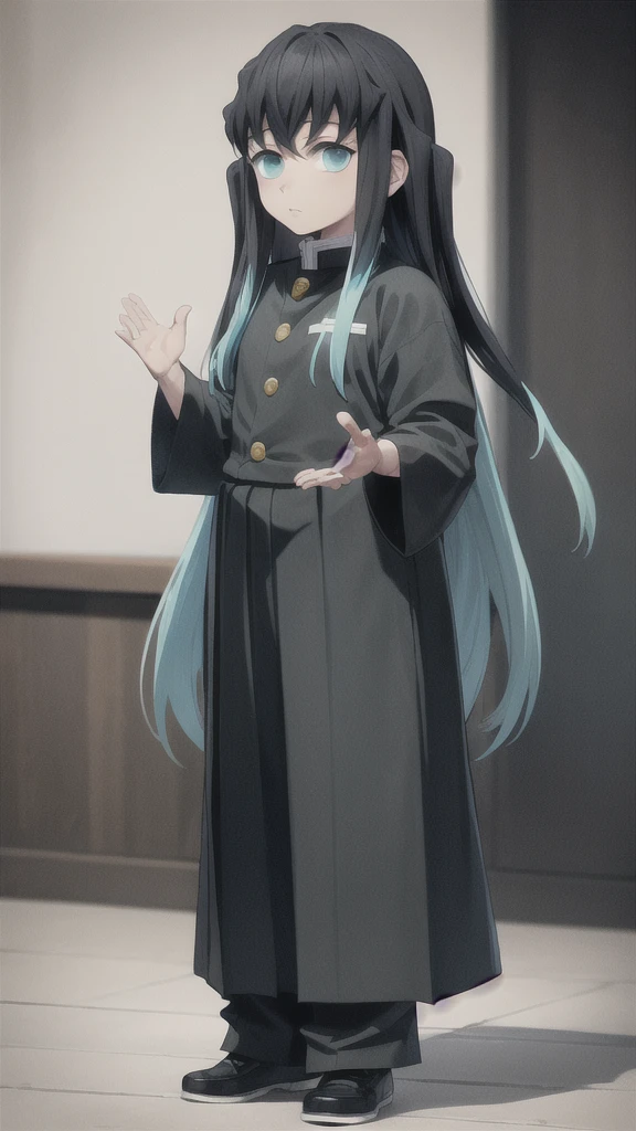 masterpiece, best quality, 1boy, muichiro,long hair, black hair, aqua hair, bangs, multicolored hair, sidelocks, long sleeves, aqua eyes, demon slayer uniform, pants, standing, looking at viewer, ((hands up)), full body
