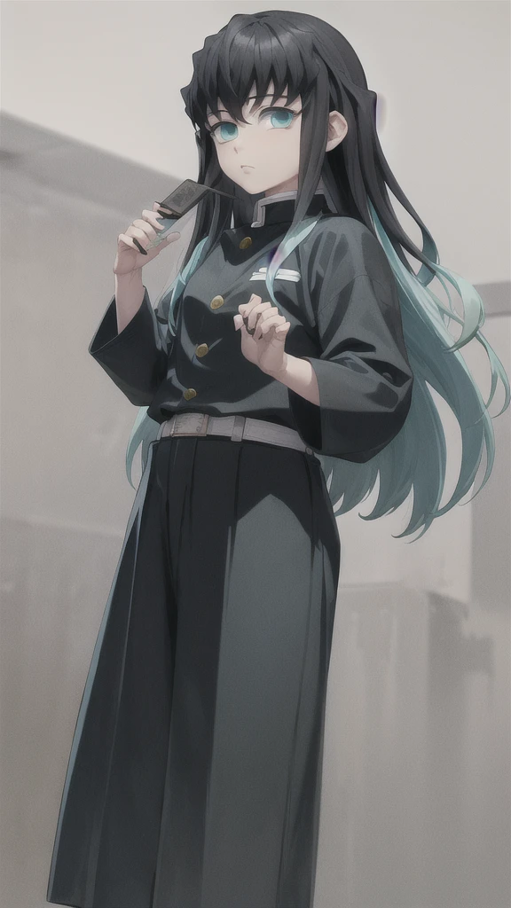 masterpiece, best quality, 1boy, muichiro,long hair, black hair, aqua hair, bangs, multicolored hair, sidelocks, long sleeves, aqua eyes, demon slayer uniform, pants, standing, looking at viewer, ((hands up)), full body