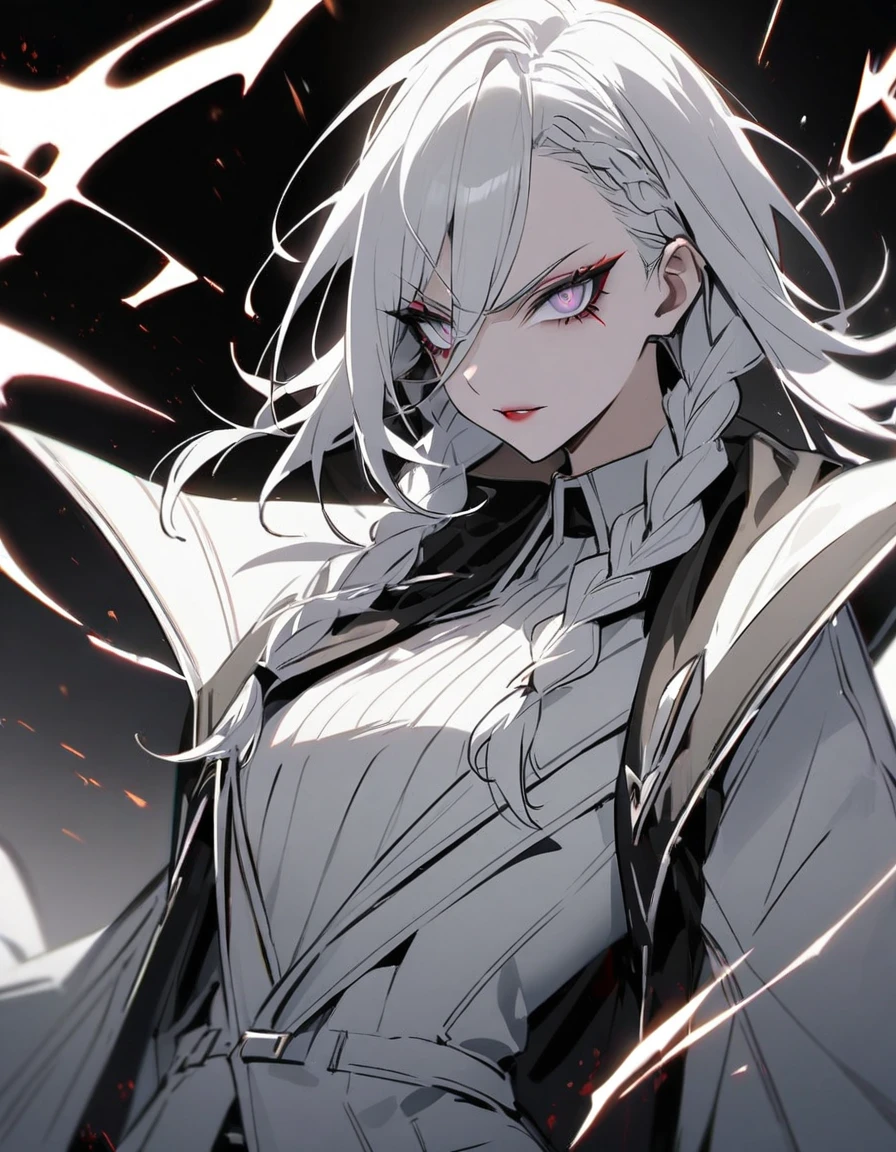 Bad character, villain, black and white braids hair, eyes with light makeup, dangerous boss all-white outfit.