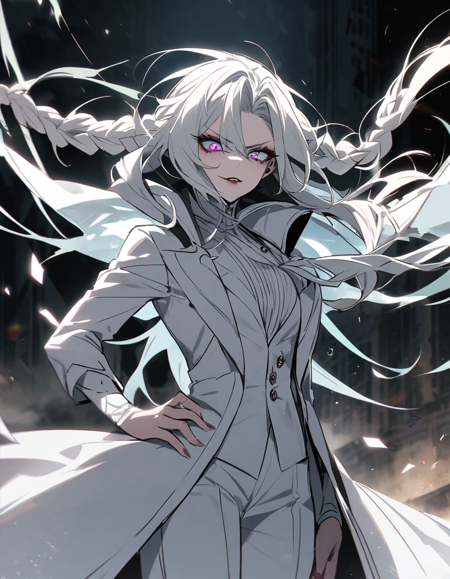 Bad character, villain, black and white braids hair, eyes with light makeup, dangerous boss all-white outfit.