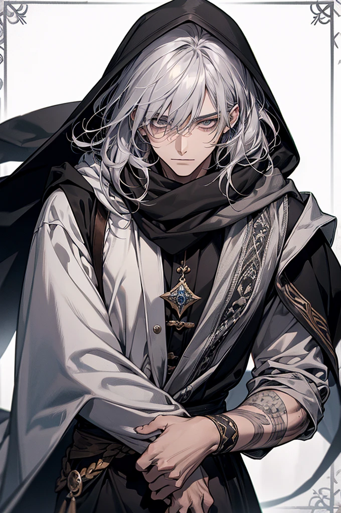 male, adult, long messy silver hair with bangs, grey eyes, beautiful face, handsome, tattoos, court wizard, hooded scarf, white gold black robes and trousers, rogue mage, medieval fantasy, closer up