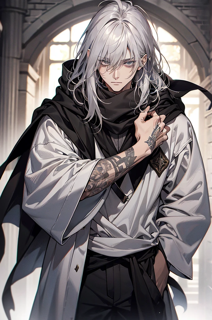 male, adult, long messy silver hair with bangs, grey eyes, beautiful face, handsome, tattoos, court wizard, hooded scarf, white gold black robes and trousers, rogue mage, medieval fantasy, closer up