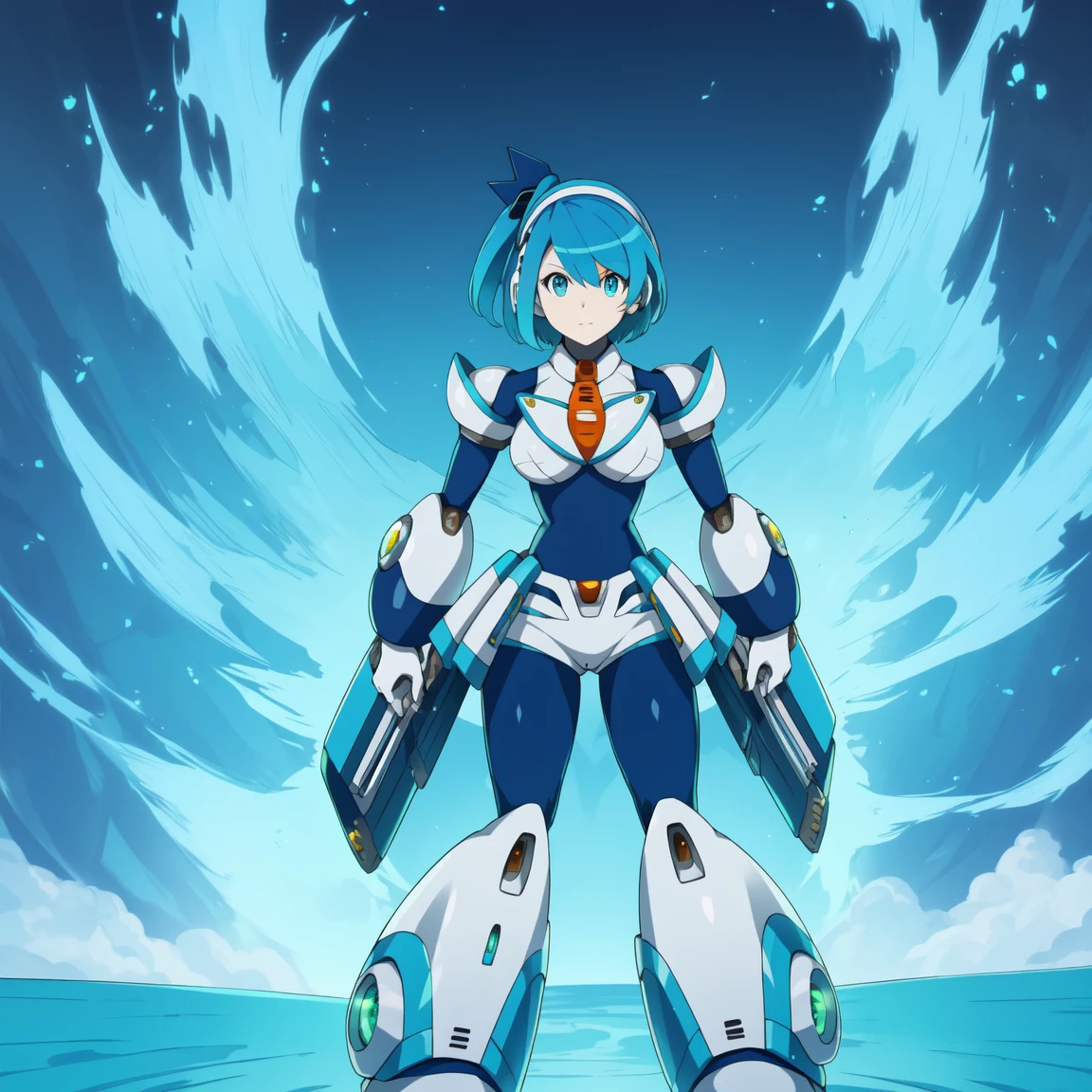 rico_megamanxdive, 1girl, solo, blue eyes, short hair, blue hair, android, high quality, masterpiece, standing with green flames coming from a tree
