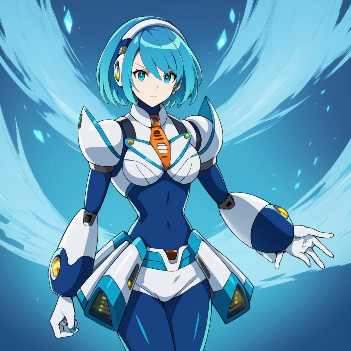 rico_megamanxdive, 1girl, solo, blue eyes, short hair, blue hair, android, high quality, masterpiece, standing with green flames coming from a tree