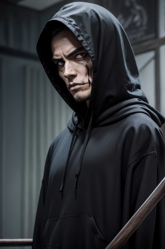 Dark fantasy anime, Grim reaper, best quality, close-up upper body, focus on face, skull, Black hoodie, horrific atmosphere, sanpaku