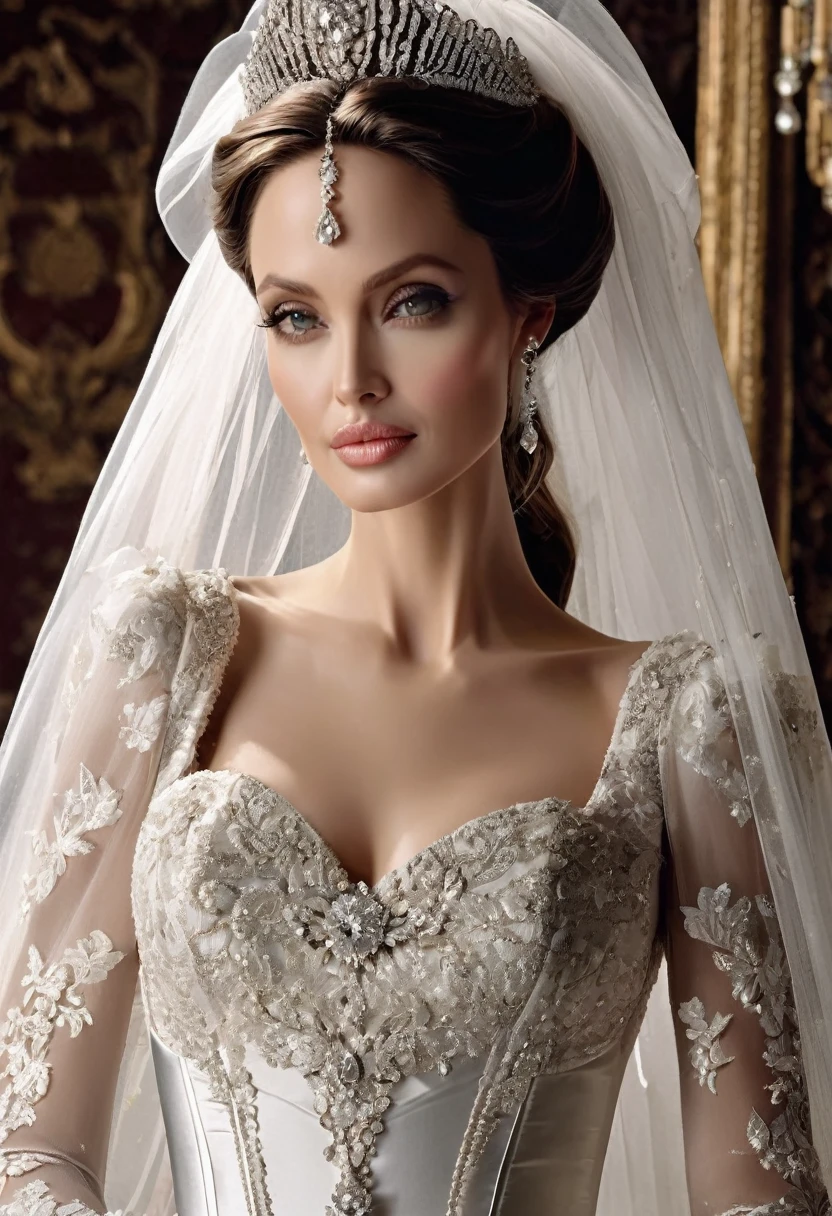 Angelina Jolie modeling in a majestic, outdoor setting, adorned in a shimmering white satin bridal gown boasting a voluminous princess skirt, an elongated trail, a harmoniously fascinating veil, and an intricately laced and diamond-encrusted bodice with a bow. Victorian style wedding gown with lace, frills and ribbons. Elaborate victorian updo hairstyle. ribbon belt on waist, Crowning her head is a princess's tiara, while diamond earrings and necklace sparkle in contrast with the white satin of her elbow-length opera gloves, anime, manwha 4k, hd, detailed, perfect anatomy