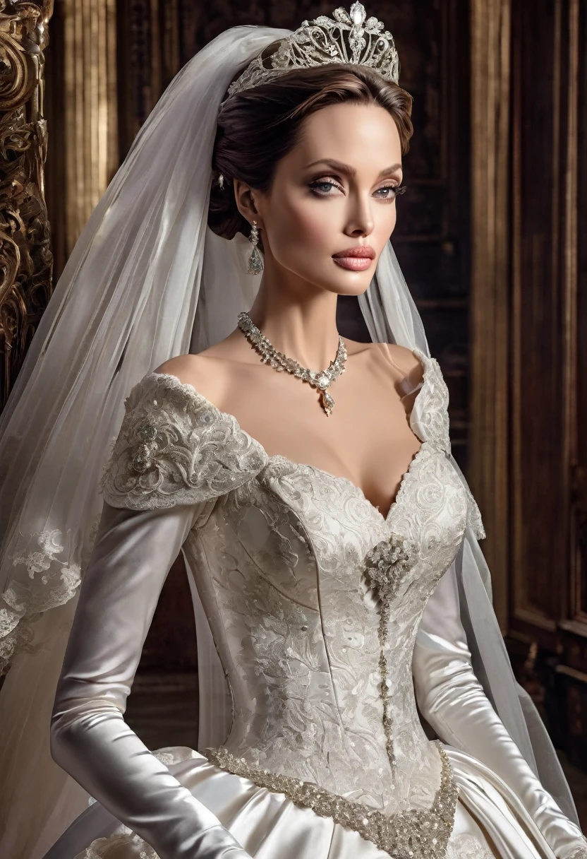 Angelina Jolie modeling in a majestic, outdoor setting, adorned in a shimmering white satin bridal gown boasting a voluminous princess skirt, an elongated trail, a harmoniously fascinating veil, and an intricately laced and diamond-encrusted bodice with a bow. Victorian style wedding gown with lace, frills and ribbons. Elaborate victorian updo hairstyle. ribbon belt on waist, Crowning her head is a princess's tiara, while diamond earrings and necklace sparkle in contrast with the white satin of her elbow-length opera gloves, anime, manwha 4k, hd, detailed, perfect anatomy