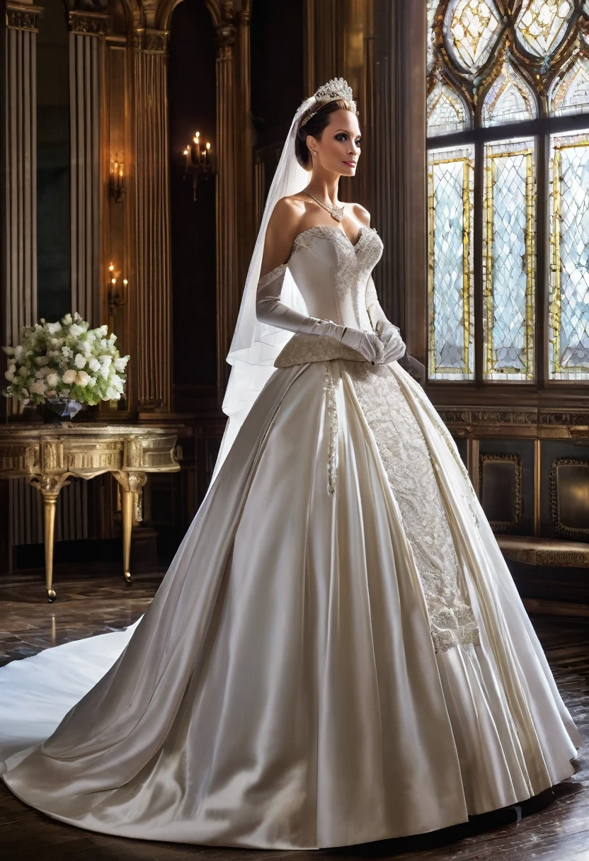 Angelina Jolie modeling in a majestic, outdoor setting, adorned in a shimmering white satin bridal gown boasting a voluminous princess skirt, an elongated trail, a harmoniously fascinating veil, and an intricately laced and diamond-encrusted bodice with a bow. Victorian style wedding gown with lace, frills and ribbons. Elaborate victorian updo hairstyle. ribbon belt on waist, Crowning her head is a princess's tiara, while diamond earrings and necklace sparkle in contrast with the white satin of her elbow-length opera gloves, anime, manwha 4k, hd, detailed, perfect anatomy