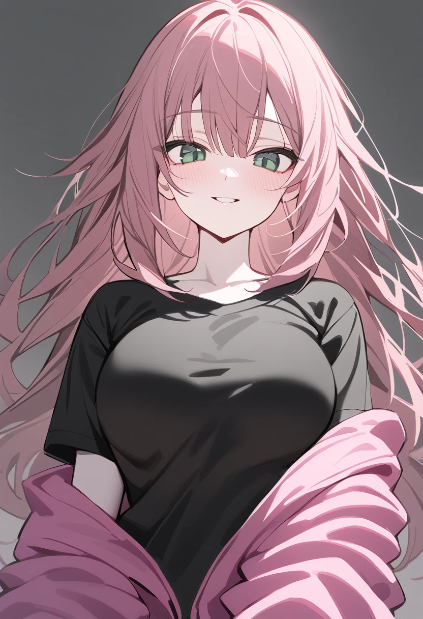 1 woman, alone, adolescent, pink fur, broad, messy hair, corrugated shelter, long bangs, pale skin, green eyes, big breasts, large eyes, big open smile, stoic, standing, (Long black t-shirt, pink jacket), (Gray background, simple background), Upper part of the body, Masterpiece, Best Quality, dynamic angle, Hand extended to the viewer