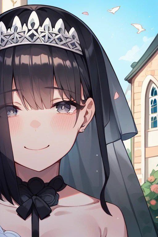 Asymmetrical Shorthair、Black wedding dress、The location is a church、Black Hair、The chest is small、Smiling with tears in her eyes、Hold the bouquet with both hands、
