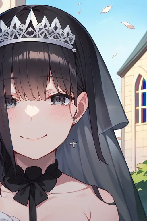 Asymmetrical Shorthair、Black wedding dress、The location is a church、Black Hair、The chest is small、Smiling with tears in her eyes、Hold the bouquet with both hands、