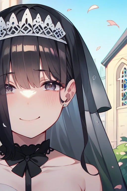 Asymmetrical Shorthair、Black wedding dress、The location is a church、Black Hair、The chest is small、Smiling with tears in her eyes、Hold the bouquet with both hands、