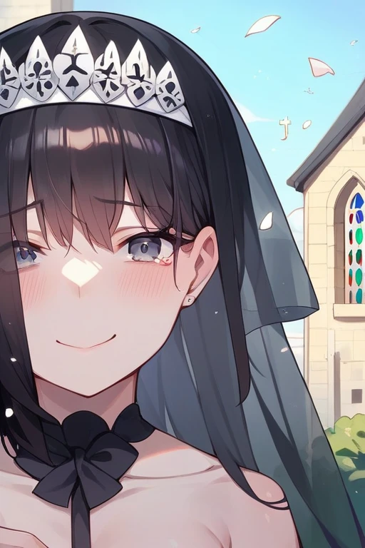Asymmetrical Shorthair、Black wedding dress、The location is a church、Black Hair、The chest is small、Smiling with tears in her eyes、Hold the bouquet with both hands、