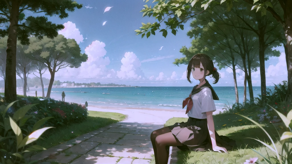 (masterpiece),  The sea seen from the town,  blue sky, summer, Girl in the distance,  smile,  alone,  Sailor suit、Long skirt,  Overgrown,  petal,  plant、Skirt lining、Translucent slip、nostalgic、Black Pantyhose