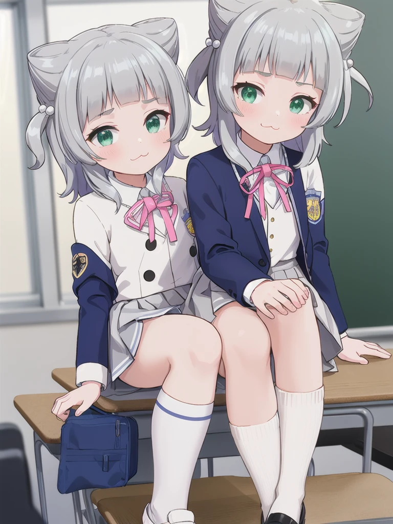 Highest quality,masterpiece,2person,{{{hetero}}},indoor,((classroom)),1girl,Green Eyes, Grey Hair, hair ornaments, bangs, Virtual YouTuber, blunt bangs, Double Bang, Animal ears, Flat Chest,uniform,Navy Blue Blazer,White shirt,Pink ribbon,Grey Skirt,Pink ,White long socks,Black low heels, :3,{{{{1boy,Black Hair,Short Hair,Put your face in the skirt,Men are down,Woman on top}}}}