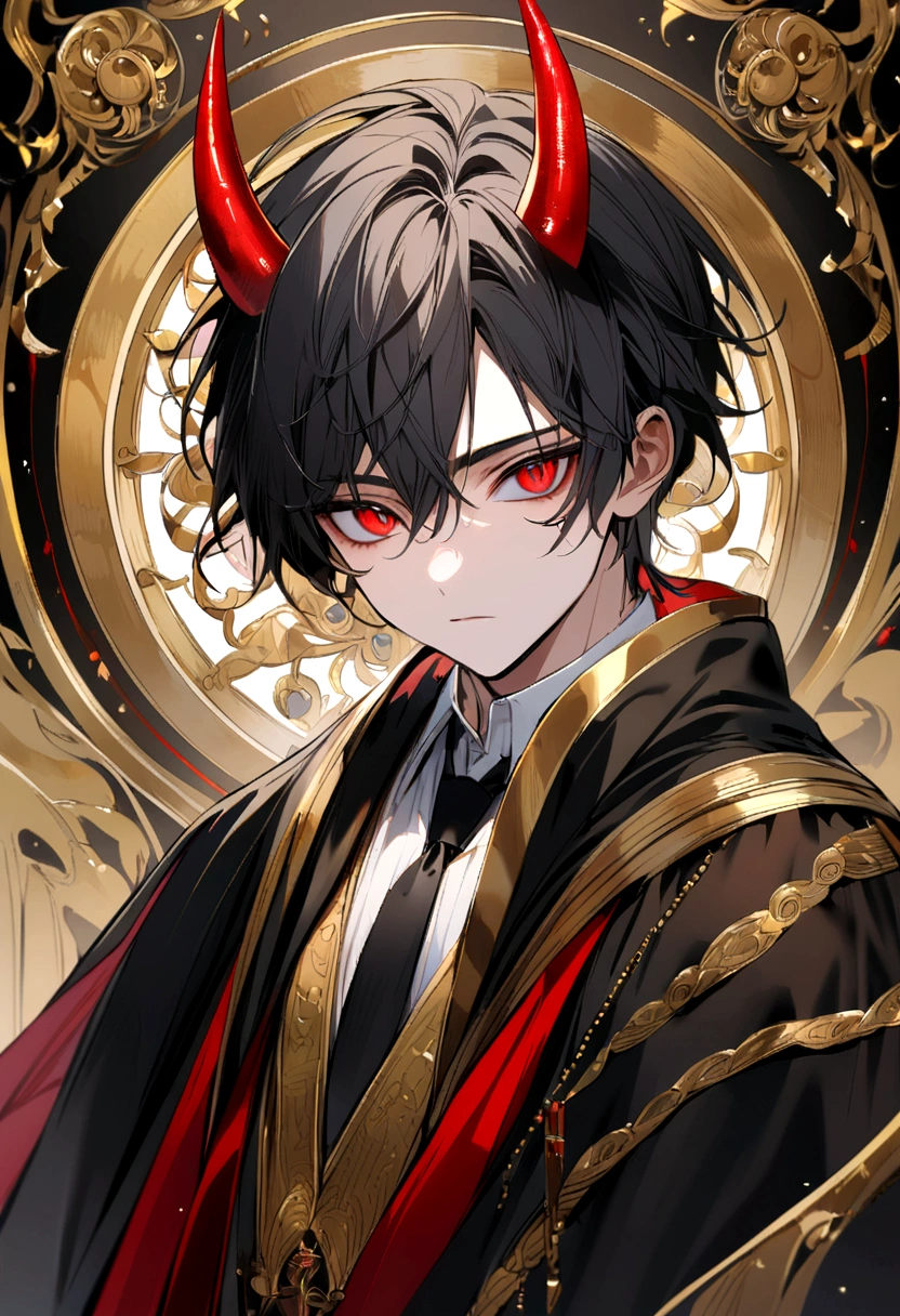 The boy wears a white shirt, wears a black tie, wears a black robe, has black hair, has red horns, has gray eyes and has red eyes. On the edge of the gold colored robe