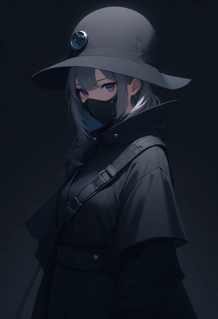 Techwear, girl, close up, dark background ,solarpunk , awesome costume , plague-doctor costume, randome pose