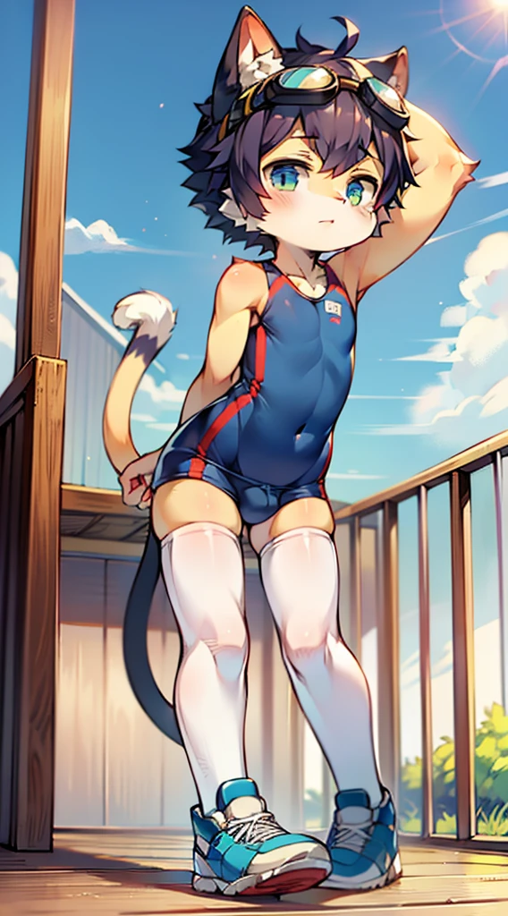 (Furry), kemono, 2D boy Shota, swimming suit,standing,goggles,cat ears,sports shoes,white stockings, cat tail