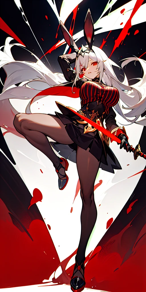 Picture of an adult woman named SEPHAR standing while holding her sword with black coloured blade and style of european sword, have nice body, large breasts, red eyes, rabbit ears, white long hair, brown skin with white paint stripes all over her body except for her face, black long hand sleeves, white gloves, wearing a black and red striped top, with a black mini skirt, black stockings, wearing high heel shoes black and wearing a bridal head covering with an abstract striped motif. A woman with an aura of authority and power, with a dark and bright red background. inspiration from fate grand order, anime style art, good and clear face structure, good and clear hand and foot structurecgstation pop --v 6, ink wash, cgstation pop --v 6, Mogao Grottoes art,