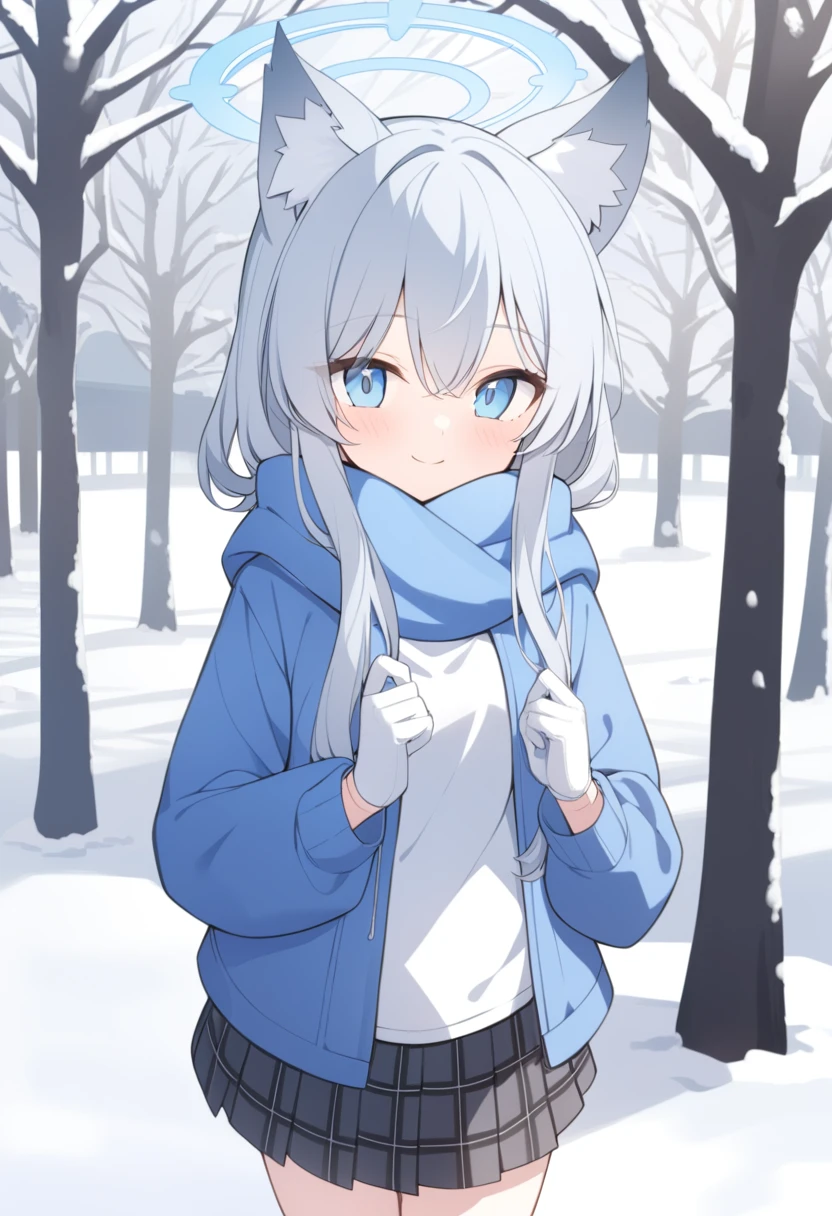 girl,Silver long hair, blue eyes, Wearing a blue hooded jacket,戴着Blue hood,A sky blue scarf, A white T-shirt, White gloves, And black plaid skirt, Standing in the park,Smile, blue halo,Blue hood,戴着Blue hood,Gray wolf ears,cold winter