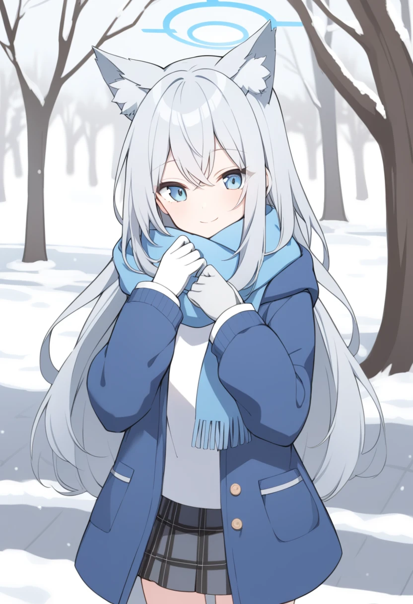 girl，Silver long hair, blue eyes, Wearing a blue hooded jacket,戴着Blue hood，A sky blue scarf, A white T-shirt, White gloves, And black plaid skirt, Standing in the park，Smile, blue halo，Blue hood，戴着Blue hood，Gray wolf ears，cold winter