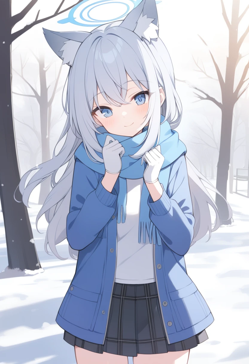 girl，Silver long hair, blue eyes, Wearing a blue hooded jacket,戴着Blue hood，A sky blue scarf, A white T-shirt, White gloves, And black plaid skirt, Standing in the park，Smile, blue halo，Blue hood，戴着Blue hood，Gray wolf ears，cold winter