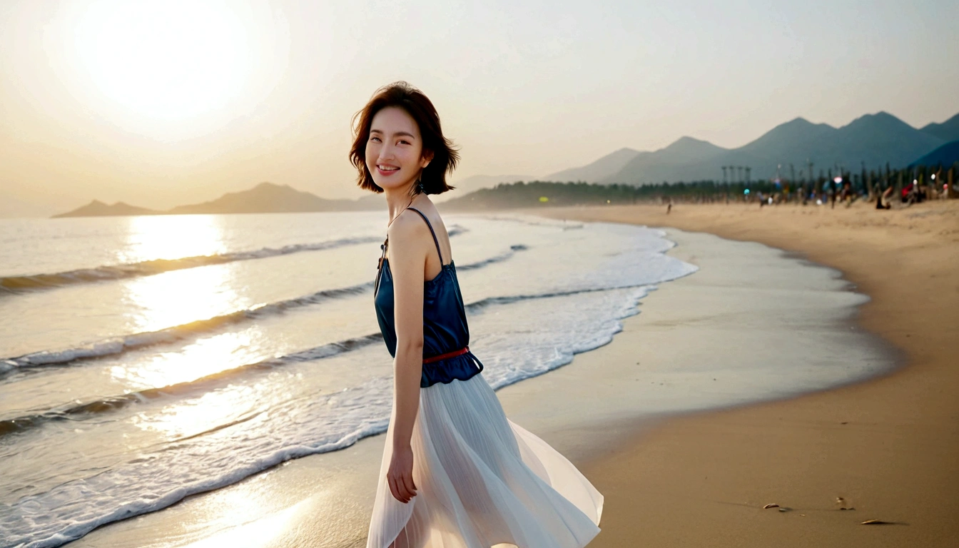 sunset on the beach,바다에 잔광이 비치네sunset on the beach 붉은 태양,A strong lingering scent is reflected in the sea., Beautiful 46-year-old short Korean woman, Chest size 34 inches, Wear sleeveless, light skirt. beautiful pretty woman look , wearing a light skirt , Go far into the sea water and dip your toes., Short medium hair blowing in the wind, 1 short woman, beautiful eyes, a little smile, Full-body photo taken from afar with a wide-angle lens, The background is clean and perfect., waves moved by the wind, best high definition