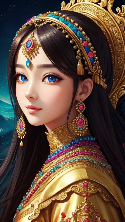 masterpiece, Highest quality, , a bit、 Beautiful Goddess, Highly detailed realistic eyes, Happy, Vibrant, colorful,