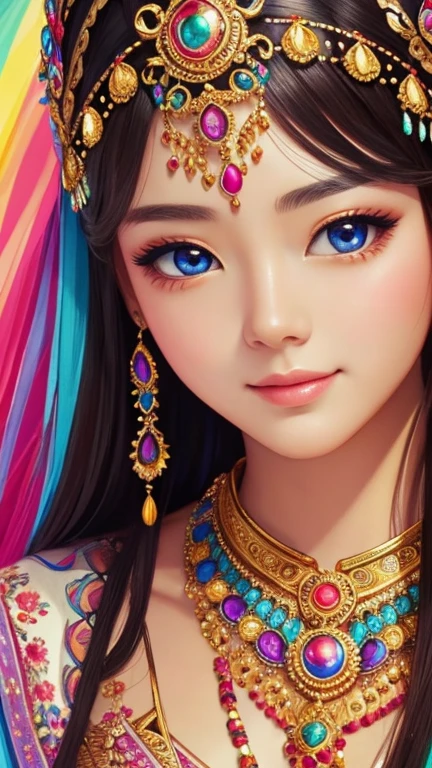 masterpiece, Highest quality, , a bit、 Beautiful Goddess, Highly detailed realistic eyes, Happy, Vibrant, colorful,