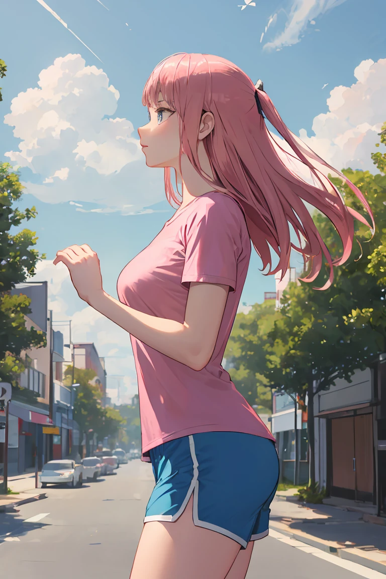 Nino Nakano, pink hair,
BREAK ((pink tshirt), (blue shorts):1.2),
BREAK from side, looking up, sky, clouds, profile,
BREAK ((top quality, 8k, masterpiece: 1.3, ultra hd, high quality, best quality, high definition, realism)), sharp focus: 1.5, Beautiful woman with Slim body, (perfect hands, perfect anatomy),