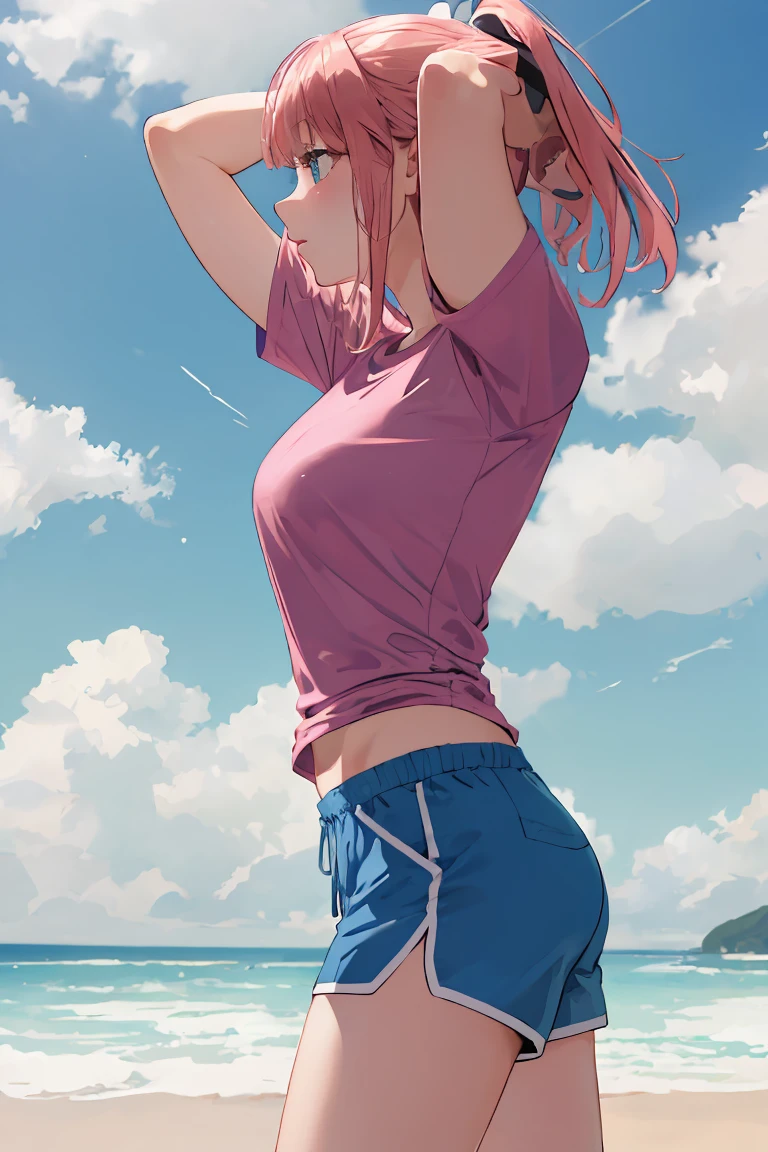 Nino Nakano, pink hair,
BREAK ((pink tshirt), (blue shorts):1.2),
BREAK from side, looking up, sky, clouds, profile,
BREAK ((top quality, 8k, masterpiece: 1.3, ultra hd, high quality, best quality, high definition, realism)), sharp focus: 1.5, Beautiful woman with Slim body, (perfect hands, perfect anatomy),