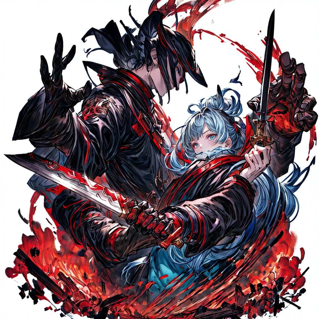 One girl、Dynamic configuration、[17277fbe68],threatened hideo、high quality、Maximum details、(((最high quality、最高masterpiece、Official Art、最高のDynamic configuration)))、(Thin Hair)、(Tabletop, 最high quality), Very detailed, Anime Style, Concept Art、whole body, (masterpiece), 最high quality, Fantasy art,whole body、masterpiece、最high quality、(colorful)、（Beautifully detailed eyes and face）、Cinema Lighting、Extremely detailed CG、Super huge、whole body、wallpaper、Uniforms with weapons in Wonderland, (((Everybody wears black and red ))), sheath, knife, 美しい彫刻がほどこされた日本knife, knife, 黒いknife,weapons,Barren Land、White Background、inflammation、inflammationにつつまれたknife、inflammationと氷を操る少女、