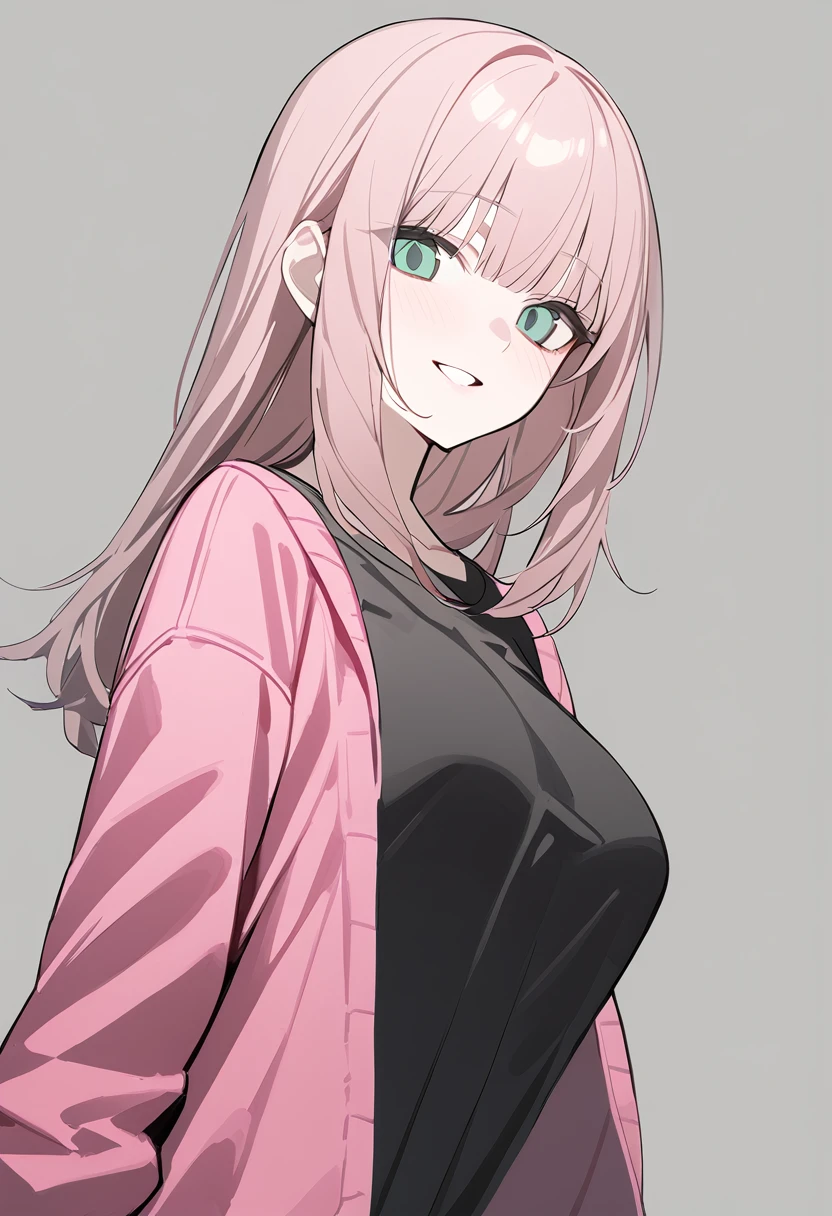 1 woman, alone, adolescent, pink fur, broad, corrugated shelter, long bangs, pale skin, green eyes, big breasts, large eyes, big open smile, stoic, standing, (Long black t-shirt, pink jacket), (Gray background, simple background), Upper part of the body, Masterpiece, Best Quality, dynamic angle, Hand extended to the viewer 
