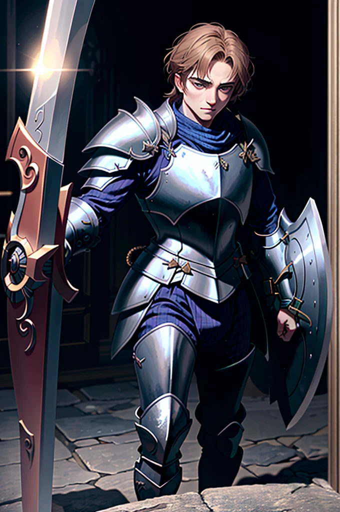 a man in armor holding a sword and a shield, pale black armor, evil knight, in monster hunter armor, with Robert Pattinson&#39;s face, similar to Marvel&#39;s Black Knight, very strong, Marvel Hero style, 8K, best qualityer, appearing full body in the image, running on the road.