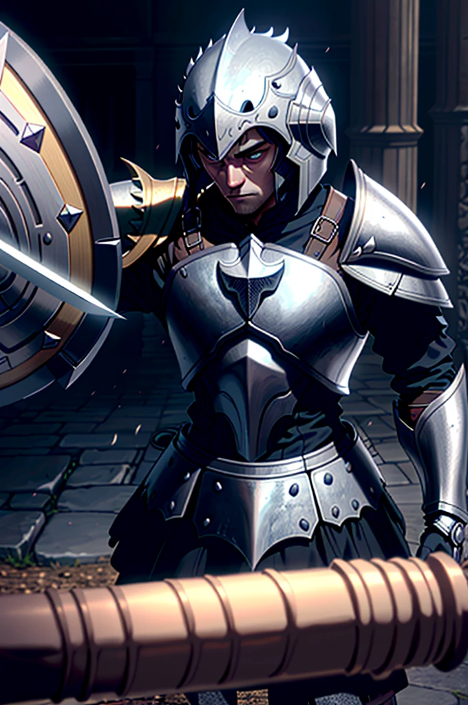a man in armor holding a sword and a shield, pale black armor, evil knight, in monster hunter armor, with Robert Pattinson's face, similar to Marvel's Black Knight, very strong, Marvel Hero style, 8K, best qualityer, appearing full body in the image, running on the road.