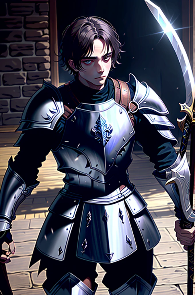 a man in armor holding a sword and a shield, pale black armor, evil knight, in monster hunter armor, with Robert Pattinson's face, similar to Marvel's Black Knight, very strong, Marvel Hero style, 8K, best qualityer, appearing full body in the image, running on the road.