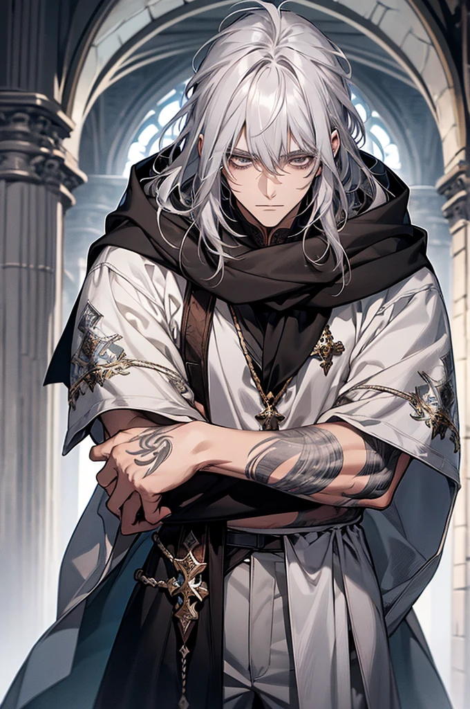 male, adult, long messy silver hair with bangs, grey eyes, beautiful face, handsome, tattoos, court wizard, hooded scarf, white gold black robes and trousers, rogue mage, medieval fantasy, closer up,masterpiece