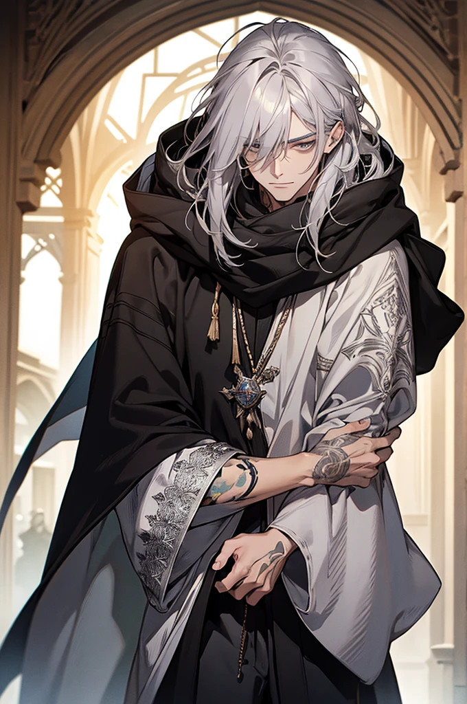 male, adult, long messy silver hair with bangs, grey eyes, beautiful face, handsome, tattoos, court wizard, hooded scarf, white gold black robes and trousers, rogue mage, medieval fantasy, closer up,masterpiece