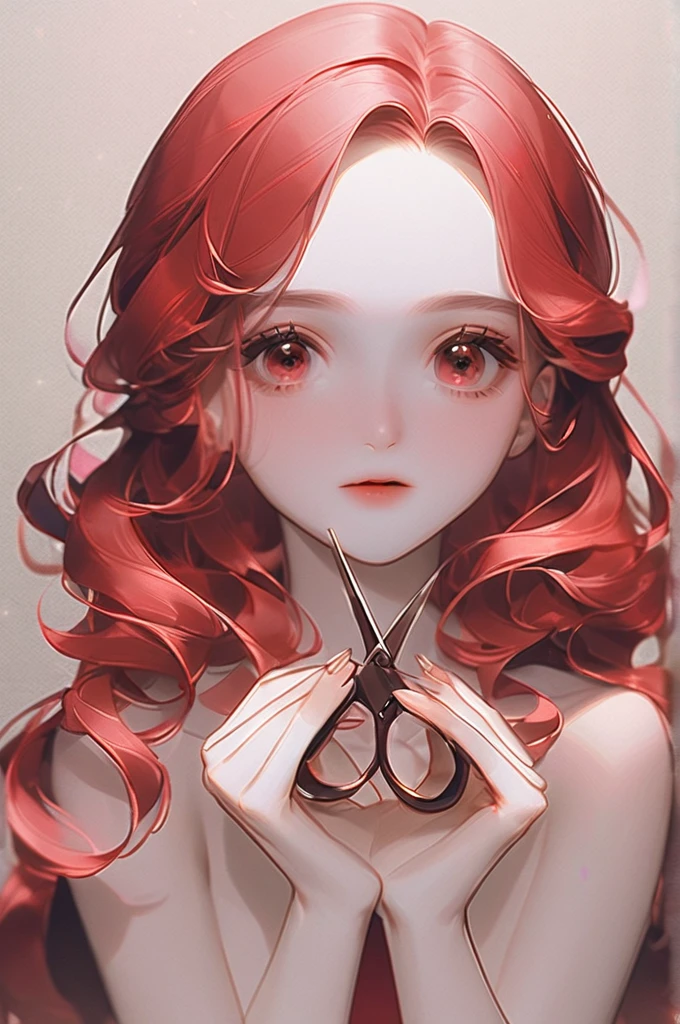 ((Лучшее качество)), ((шедевр)), (подробный), A naked girl with red hair holds scissors and a man's penis in her hands