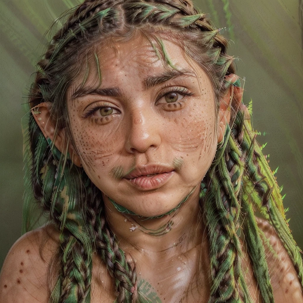 ((young attractive Mexican woman with green streaks in her plaited hair, very light, barely visible cute freckles on her cheeks, and distinctive light brown eyes:1.5)), ((Martina Sánchez:1.4))
