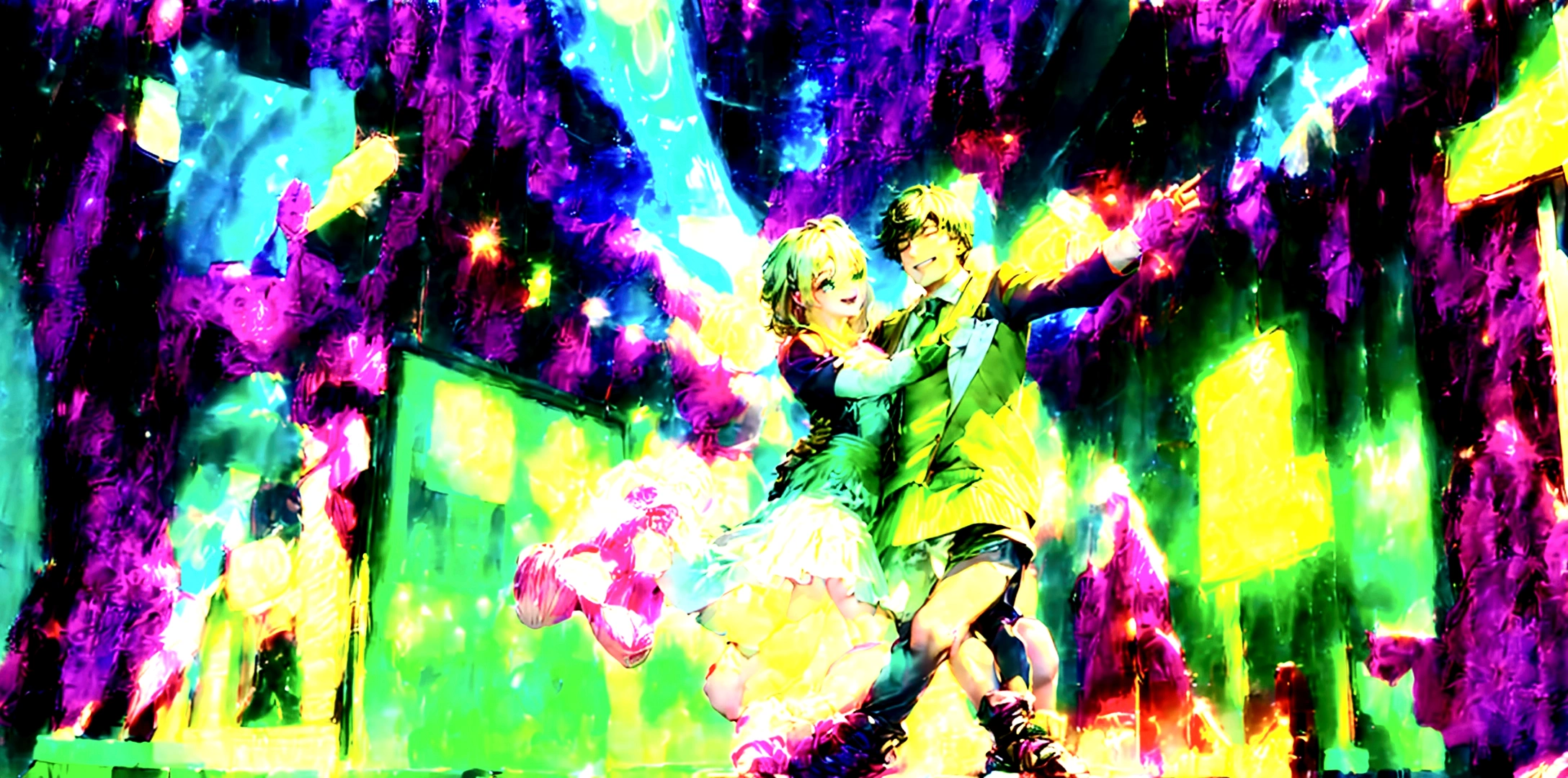 A lively and vibrant dance hall with only two people dancing joyfully under colorful lights. The atmosphere is electric, with neon lights and a disco ball casting dynamic patterns across the floor. The two dancers are dressed in stylish outfits, moving energetically to the music. The walls are adorned with bright, colorful decorations, and the overall mood is festive and exhilarating. The dance floor is spacious, and the energy between the two dancers is palpable as they enjoy the night.