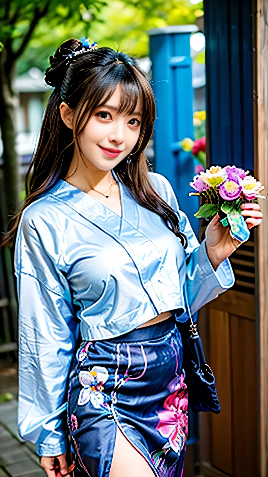 seed;88117315,((Full Body Angle))、Front hair:1.3))、((Highest quality, 8K, masterpiece: 1.3)), concentrated: 1.2, Cute girl 1,Nipples erect、 Perfect beauty: 1.4,Summer use 、((Flower and butterfly pattern short yukata mini skirt:1.2))、can: 1.2,Long sleeve、Randall Color、comics&Text Graphics、Black ruffle-trimmed drawstring zip blouse,1.1, Highly detailed face and skin textures, Fine grain, double eyelid, whitening skin, ,Highest quality,Ultra-high resolution,you,1 girl,alone,_Shiny_skin,Iris,necklace,((brown_length_Wavy_hair)),(lips)),eyelash,Front hairアップ、deal with,compensate,Shiny,pore,skin,Large Breasts、((smiling face))、living、Bun Head、Standing and walking