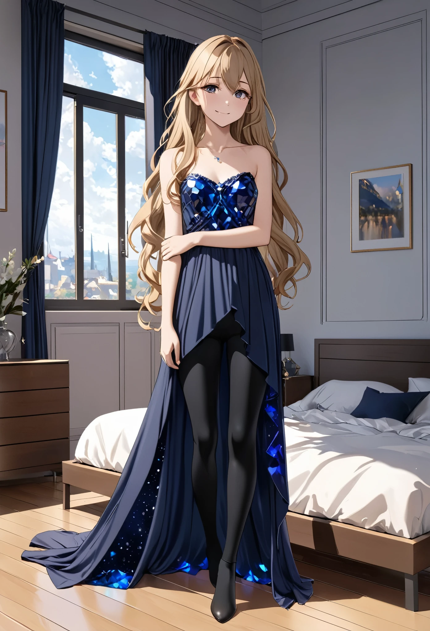 (masterpiece), (high resolution, 8k), (high detailed), girl, 20age, tall, petite, (wavy long hair (dark blonde)), beautiful face, tired smile, small breast flat, ((dark blue crystal themed, floor level draped dress)), ((loose leggings with skirts black)), standing on bedroom,fcNeg