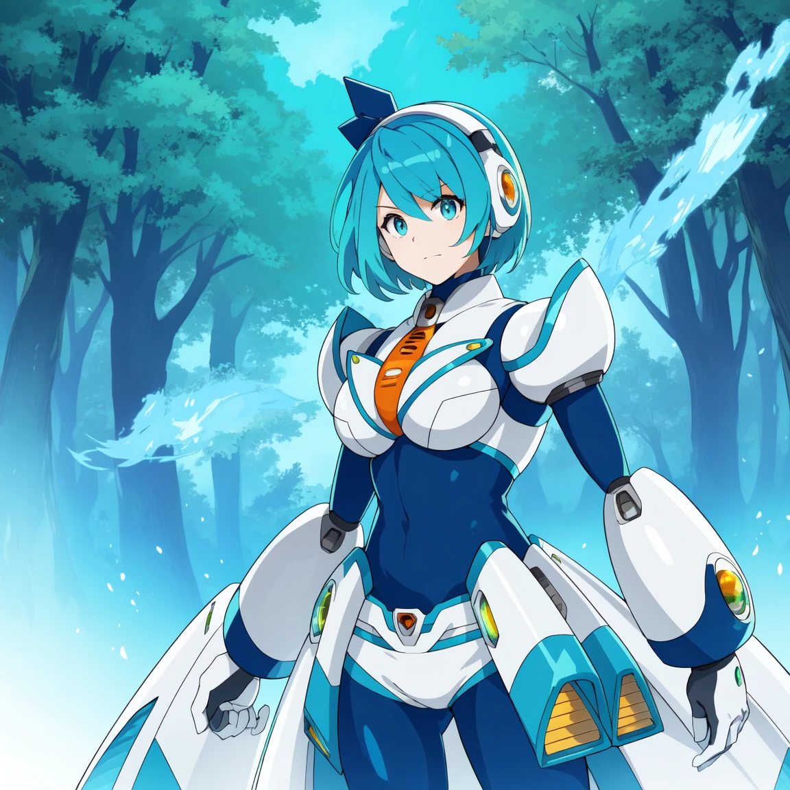 rico_megamanxdive, 1girl, solo, blue eyes, short hair, blue hair, android, high quality, masterpiece, standing with green flames coming from a tree