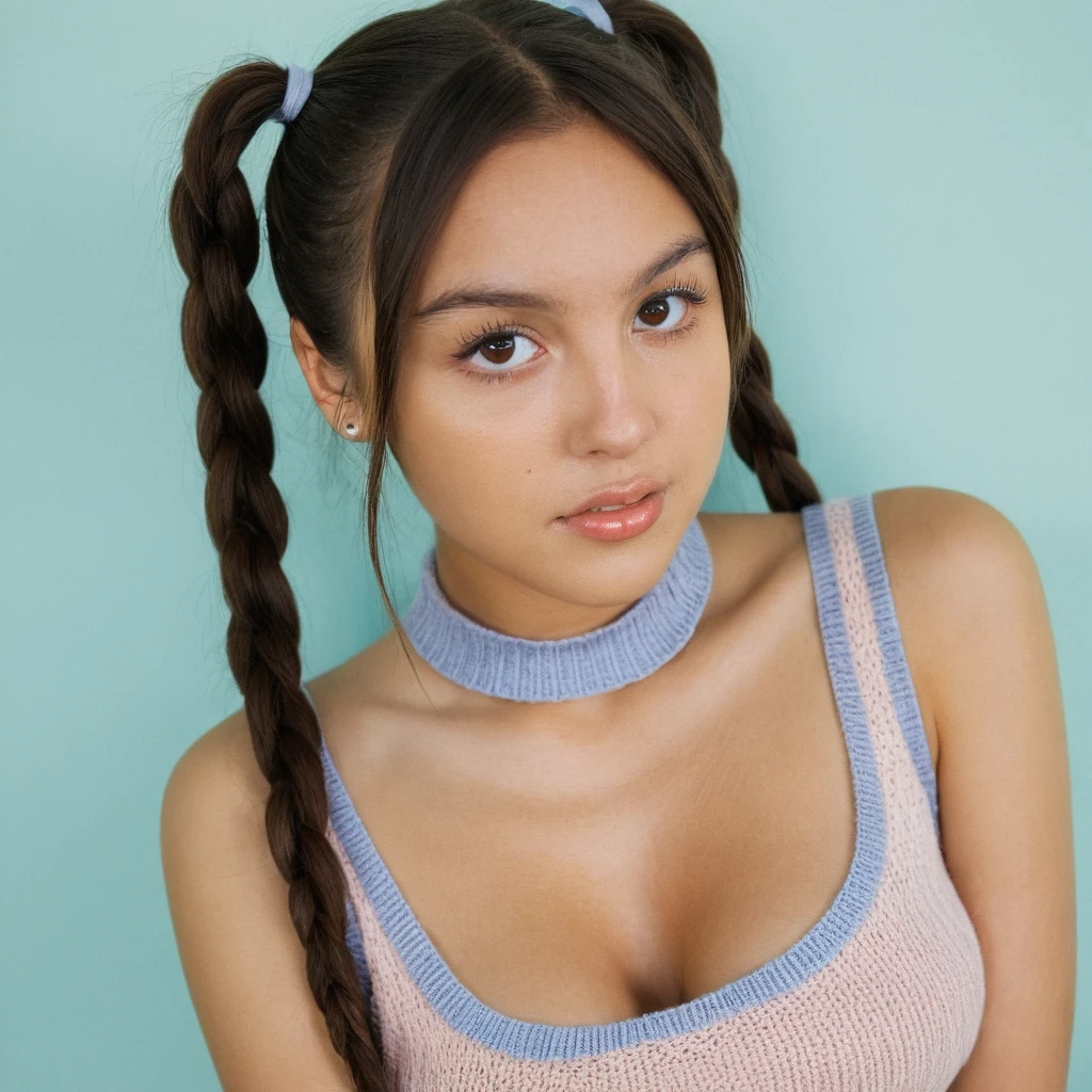 (Skin Texture, pores, natural,RAW)), natural lighting, Highest Quality photo of a young woman, brown eyes, pigtails, looking at viewer, daddy choker, knitted tank top, skirt, pastels