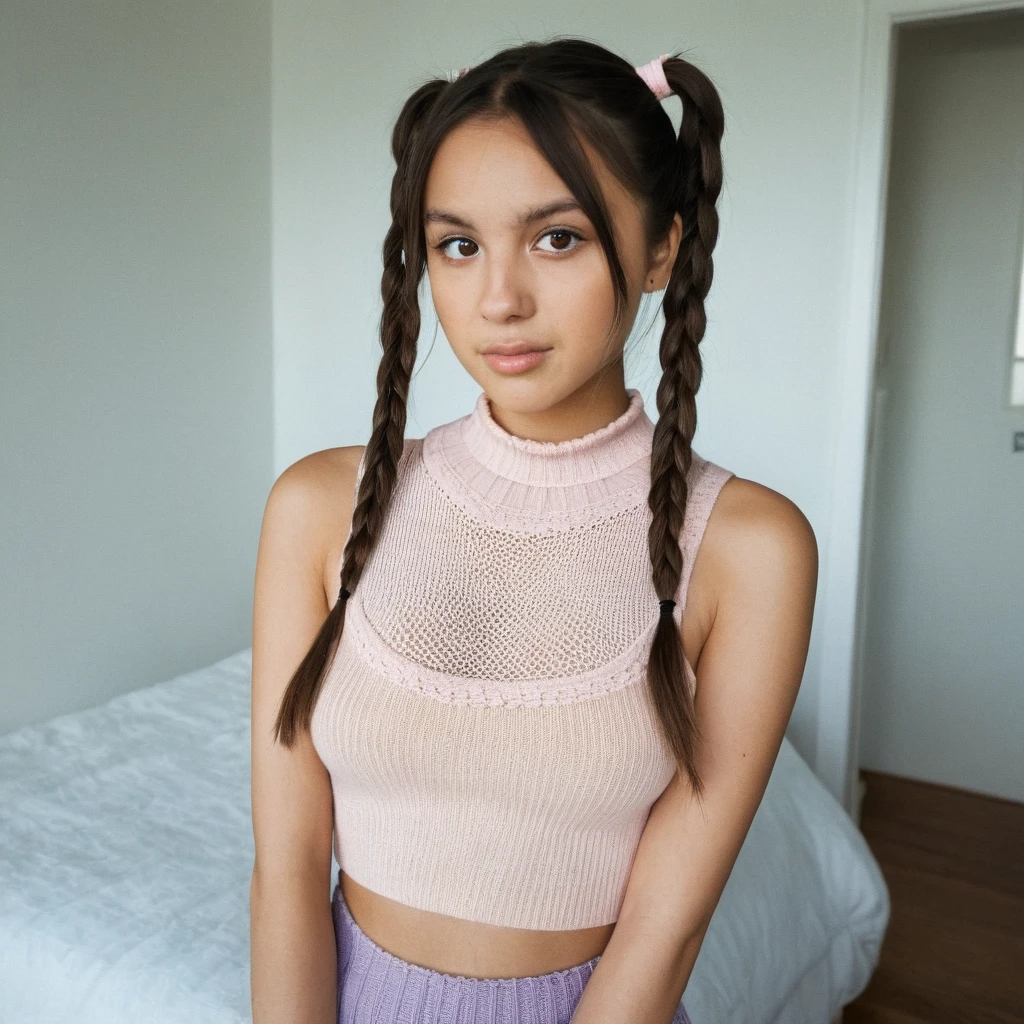 (Skin Texture, pores, natural,RAW)), natural lighting, Highest Quality photo of a young woman, brown eyes, pigtails, looking at viewer, daddy choker, knitted tank top, skirt, pastels