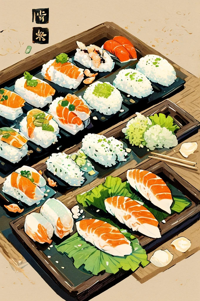 Illustration: Simple woodblock printing style. Nigiri sushi rice is shaped into small balls and then raw fish or other seafood is placed on top of the rice. Wasabi is often used between the rice and fish. Sometimes a seaweed rope may be used to tie them.
1 pair placed on a wooden tray with a wasabi stick and a soy sauce bottle.